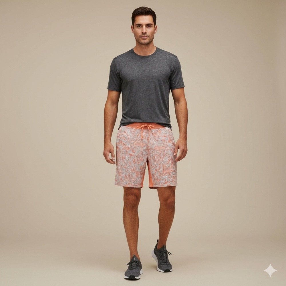 Lululemon Men's Athletic Shorts L Orange Gray Geometric Print Drawstring Pockets